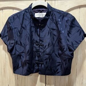 Vtg  Cropped Short Sleeved Jacket Mandarin Collar Beaded Frog Buttons M - READ